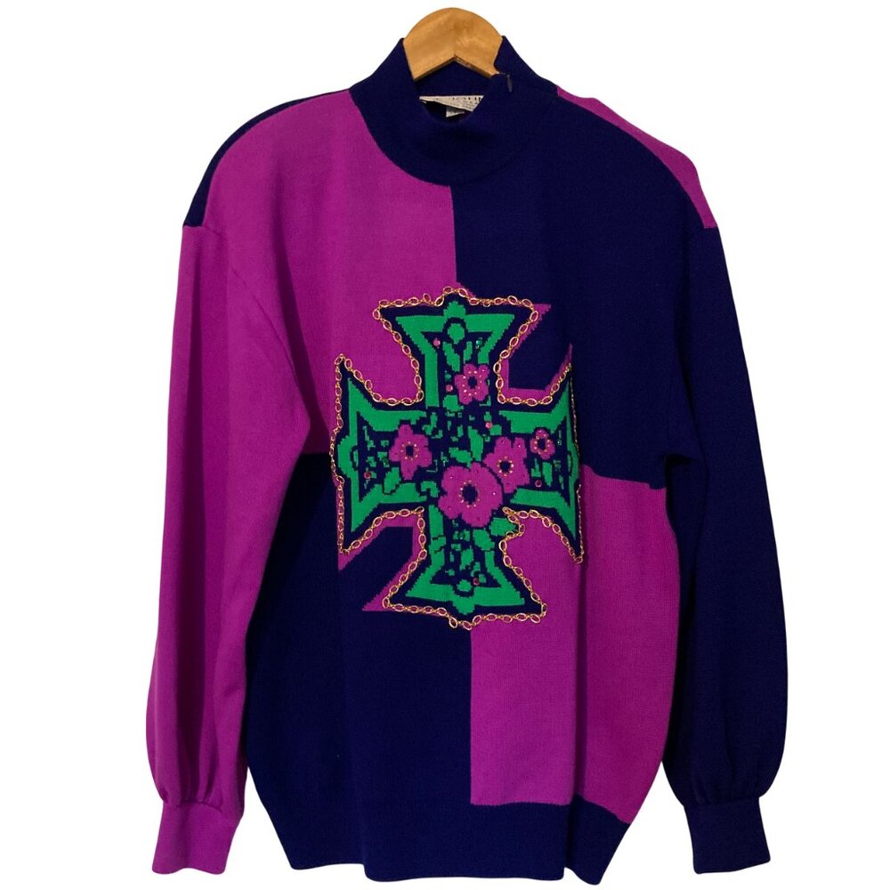 St. John Checkered Color Block Floral Cross Mock Neck Sweater